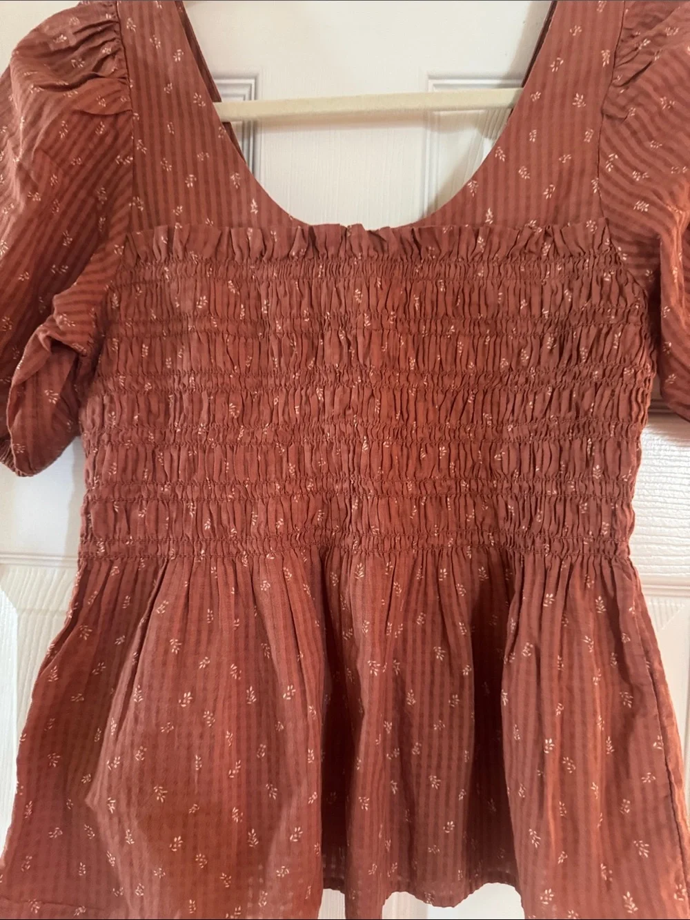 MADEWELL Smocked Square Neck Peasant Top - Rust with Cream design